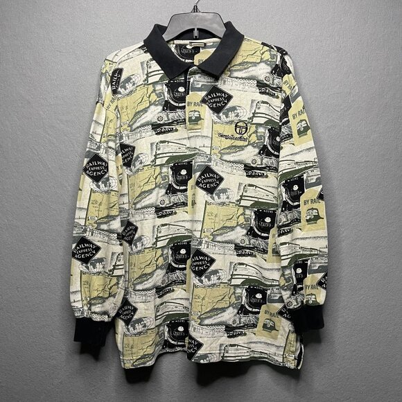 Vintage Y2K Sergio Tacchini Railway Express All Over Graphic Pullover Shirt M - Picture 1 of 9